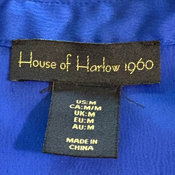 House of Harlow 1960 Blue Satin Long Sleeve V-Neck Wrap Mini Dress Size M - Picture 3 of 8